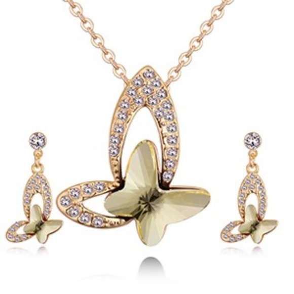 Simple Feather Boutique Jewelry - Light Yellow Crystal Butterfly Necklace Set